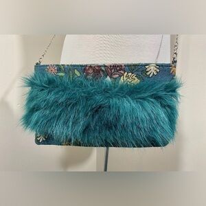 America & Beyond Faux Fur Tapestry Convertible Clutch Teal Cross Body Purse